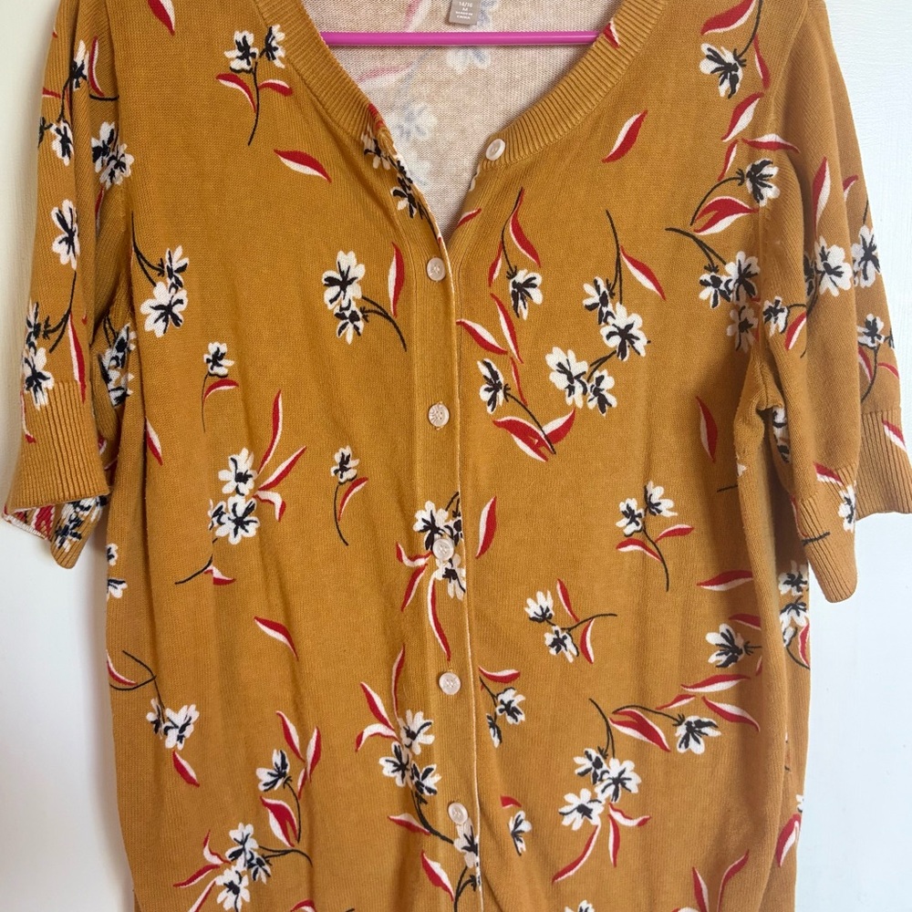 Woman Within Mustard Floral Button-Down Shirt